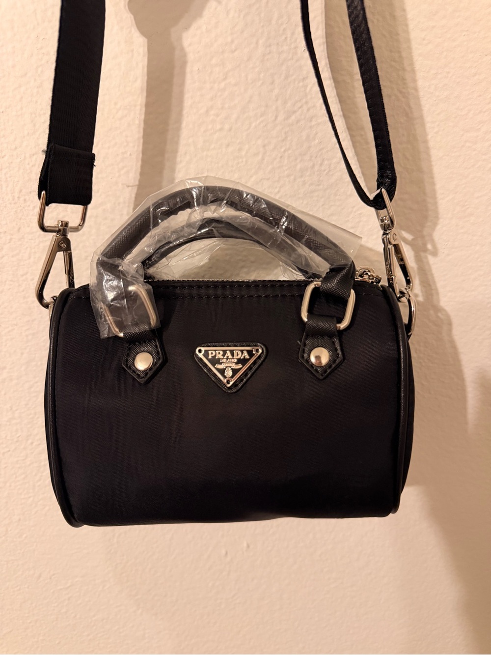 Black Mini Nylon Barrel Bag with Top Handle and Strap